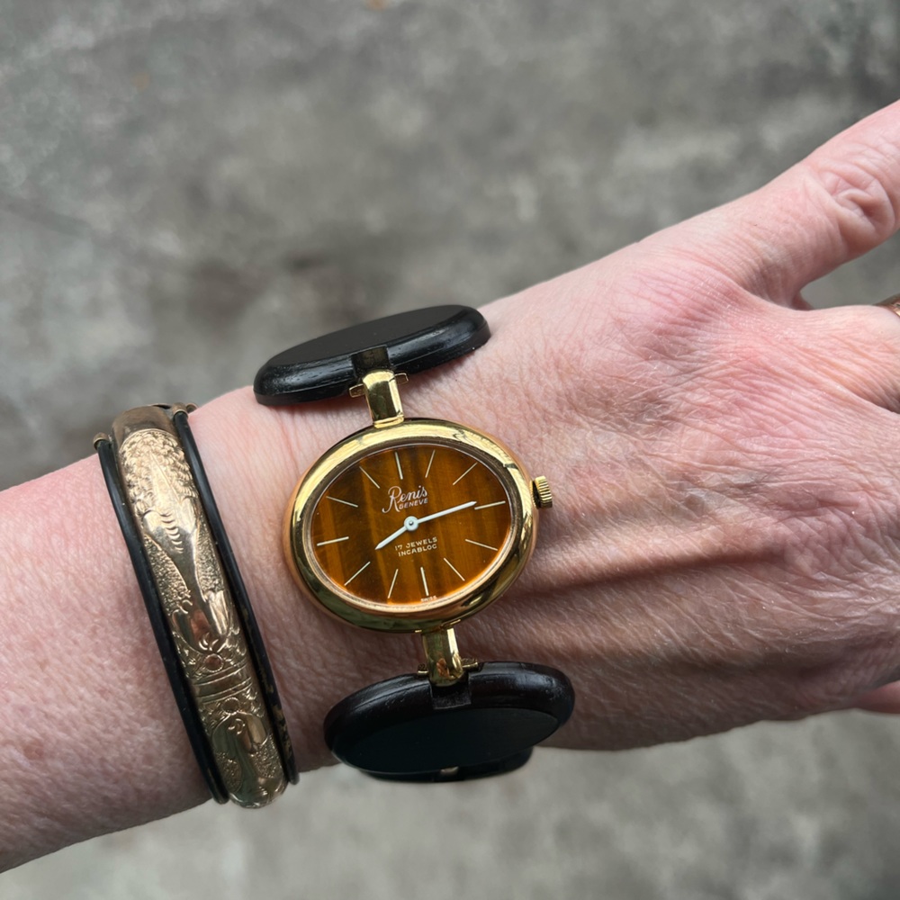 Vintage Renis Genève Wood Bracelet Windup Ladies Watch Faux Tiger Eye Dial Works